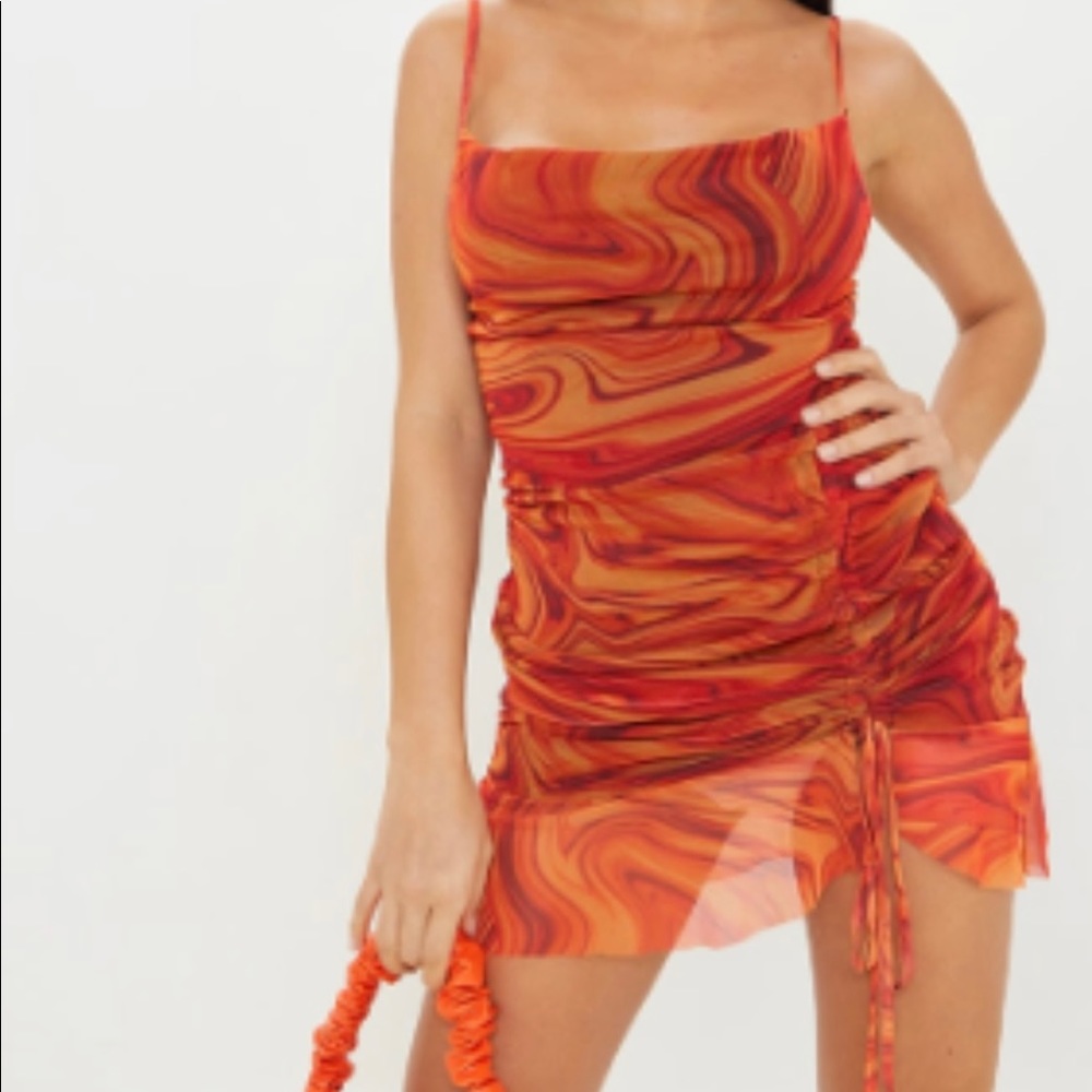 PLT orange mesh marble body con dress